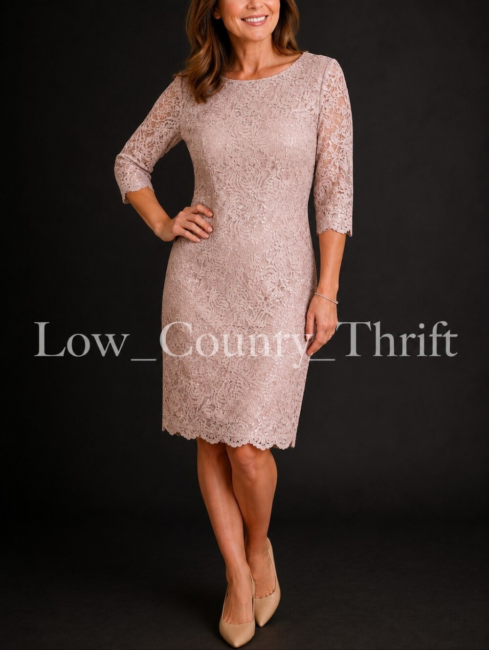 Jessica Howard Blush Pink Lace Sequin Sheath Dress Size 14 NWT 3/4 Sleeve